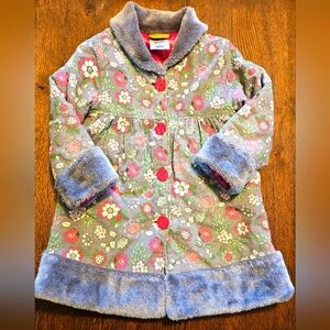 Penelope Mack, Pink Satin Lined, Grey with Flower Print Girls Size 6 Coat